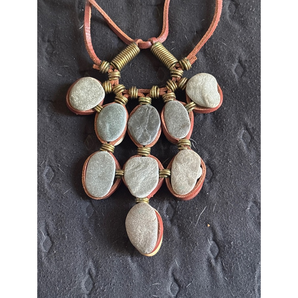 Boho Leather Wrapped Jasper Stone Pendant Necklace Artisan Natural Earthy Rustic - Picture 6 of 6